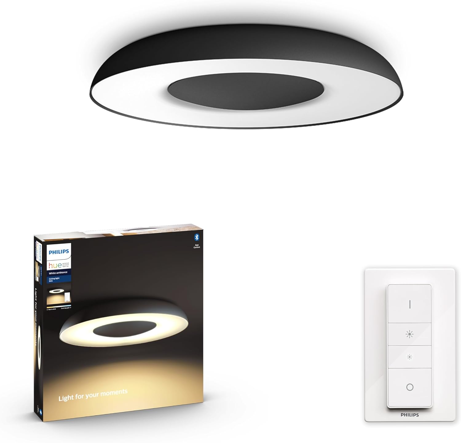 Philips Hue Still Plafondlamp - Warm Tot Koelwit Licht - Incl. Dimmer Switch - Dimbaar - Verbind met Bluetooth of Hue Bridge - Werkt met Alexa en Google Home - Zwart