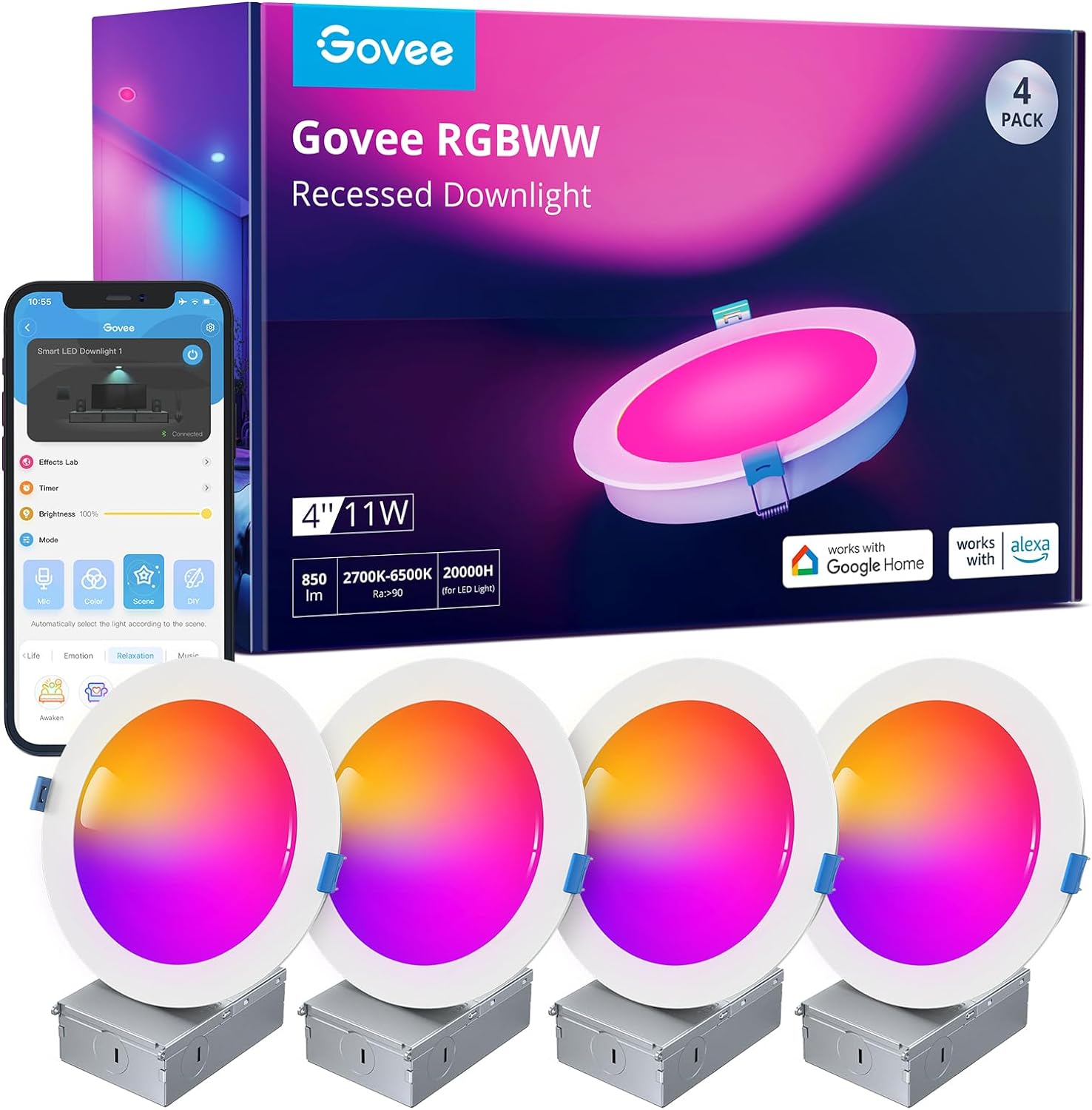 Review Samenvatting van Govee Smart RGBWW Plafondverlichting, dimbare led-inbouwlamp met wifi en bluetooth, 16 miljoen doe-het-zelf-kleuren met aansluitdoos, Alexa & Google Assistant, verpakking van 4 stuks