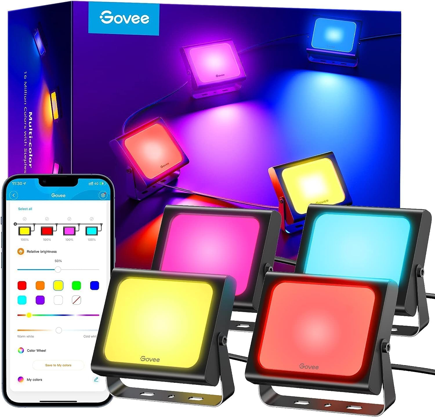 Review Samenvatting van Govee RGBICWW slimme LED-spot, WiFi-buitenspot werkt met Alexa, 2700-6500K, dimbaar LED-licht met kleurverandering, IP66 waterdicht, verpakking van 4 stuks